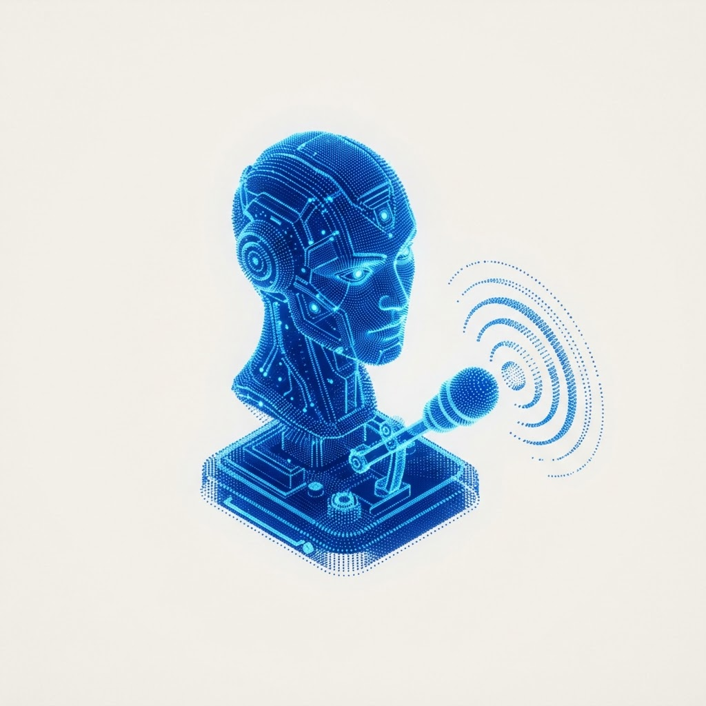 Isometric blue particle render of an AI assistant node connected to a microphone radiating sound waves