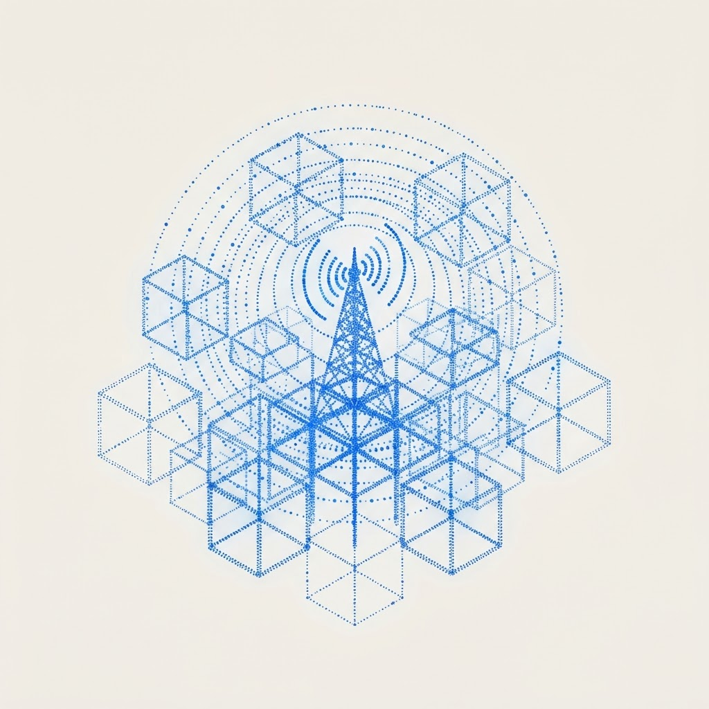 Isometric blue particle render of a broadcasting radio tower emitting signal waves