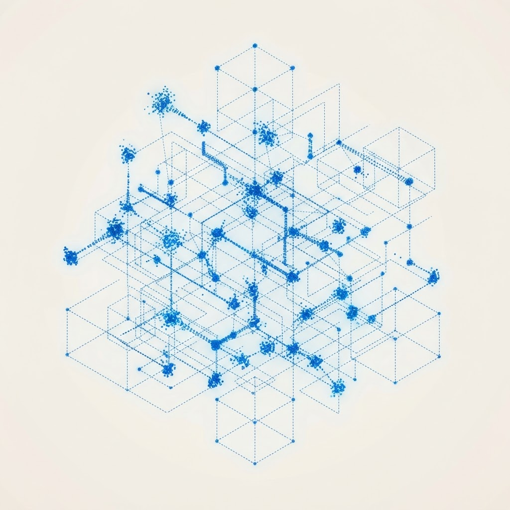 Isometric blue particle render of a distributed peer-to-peer network of connected nodes