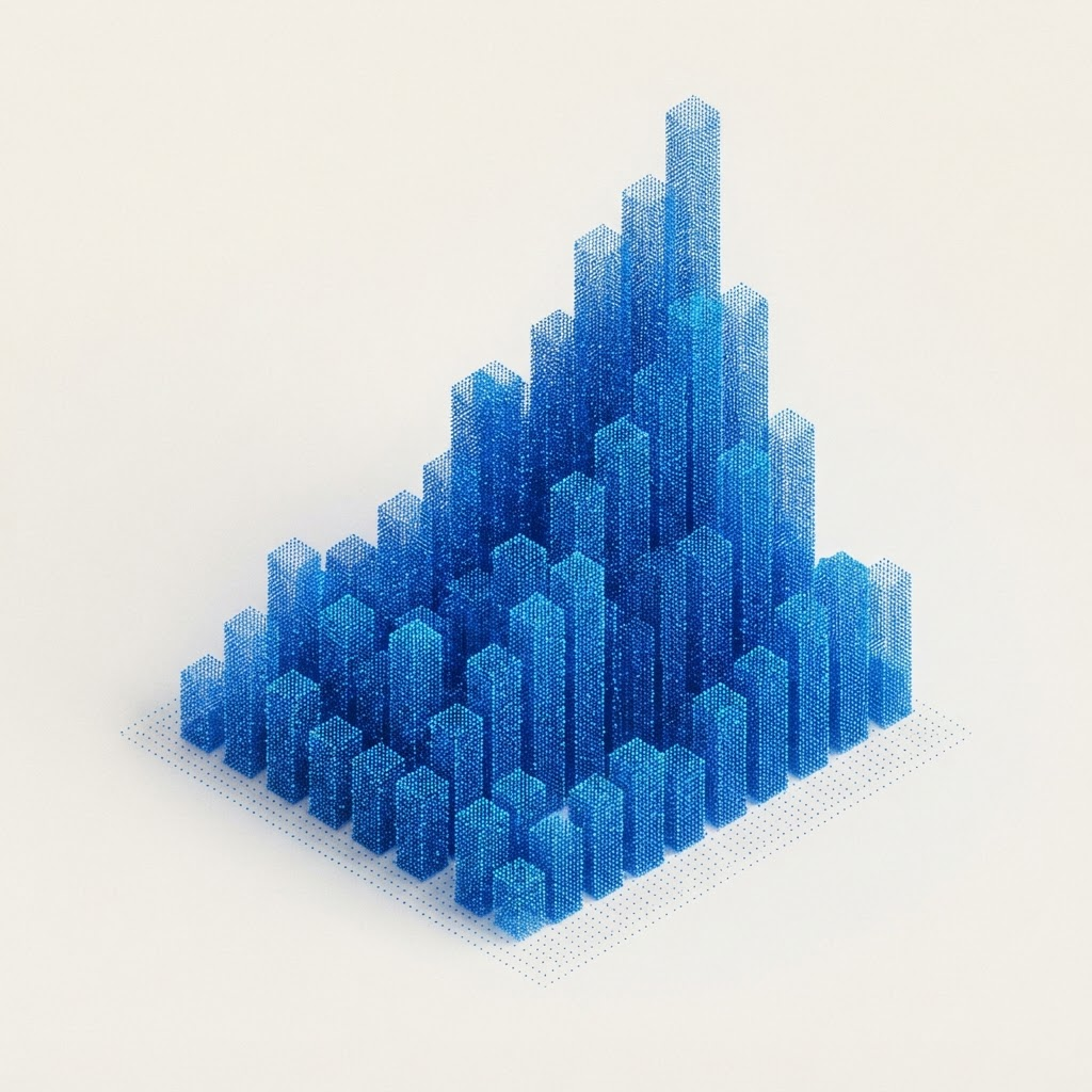 Isometric blue particle render of a rising audio waveform of equalizer bars